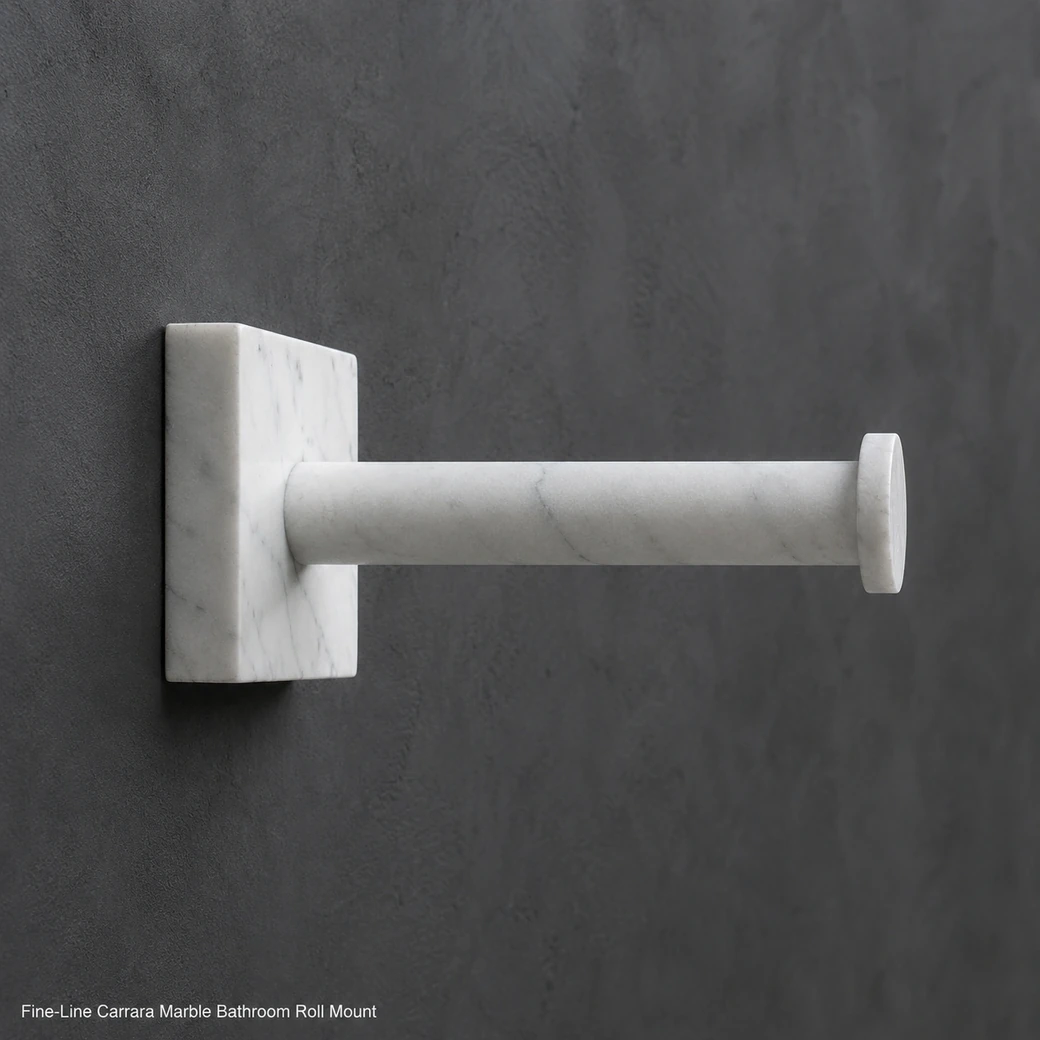 Side-elevation Carrara toilet roll mount on charcoal wall with chalk-white honed stone and grey lines.
