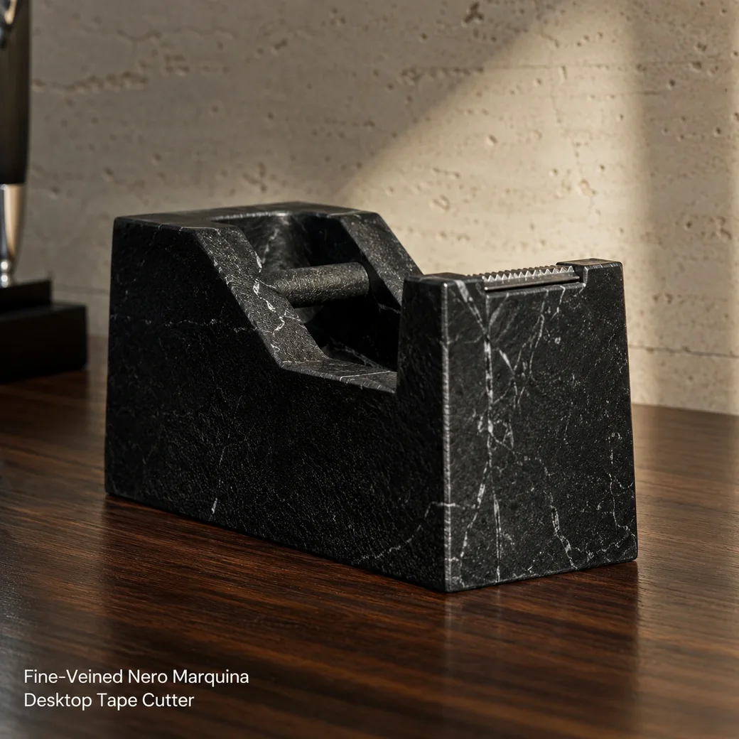 Carbon black Nero Marquina tape holder on walnut desk, low rear view showing cutter, roll cavity and textured veins.