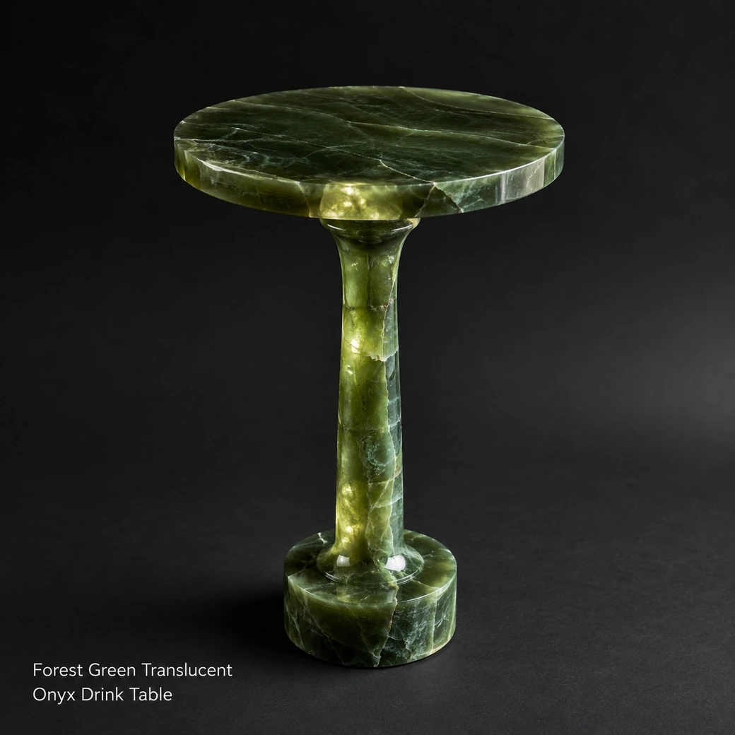 Forest green translucent onyx drink table with pale mineral bands