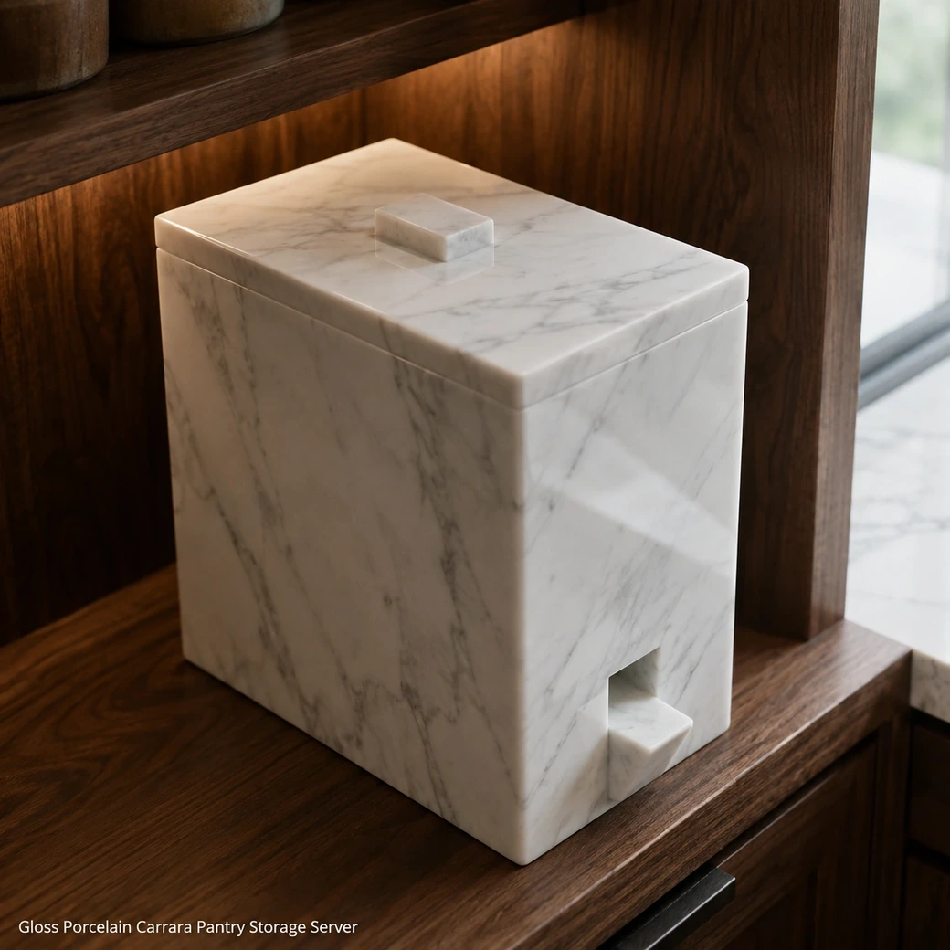 Porcelain white Carrara food dispenser in walnut pantry, high rear view showing lid and polished side panels.