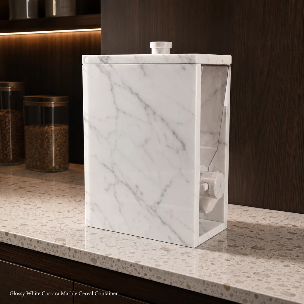 Glossy Carrara cereal container in a dark oak pantry, rear-side view revealing hopper depth and lid profile