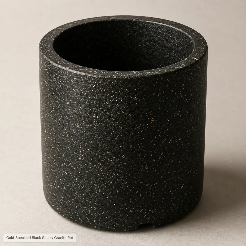 Black Galaxy granite pot with golden speckles and leathered finish