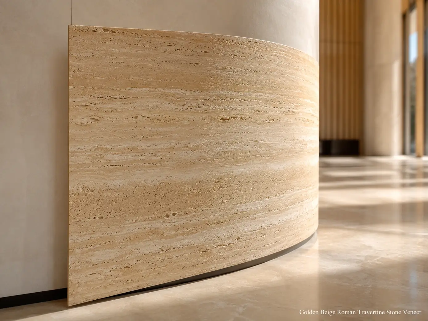 Golden Roman travertine veneer wrapped around a curved lobby column under grazing daylight