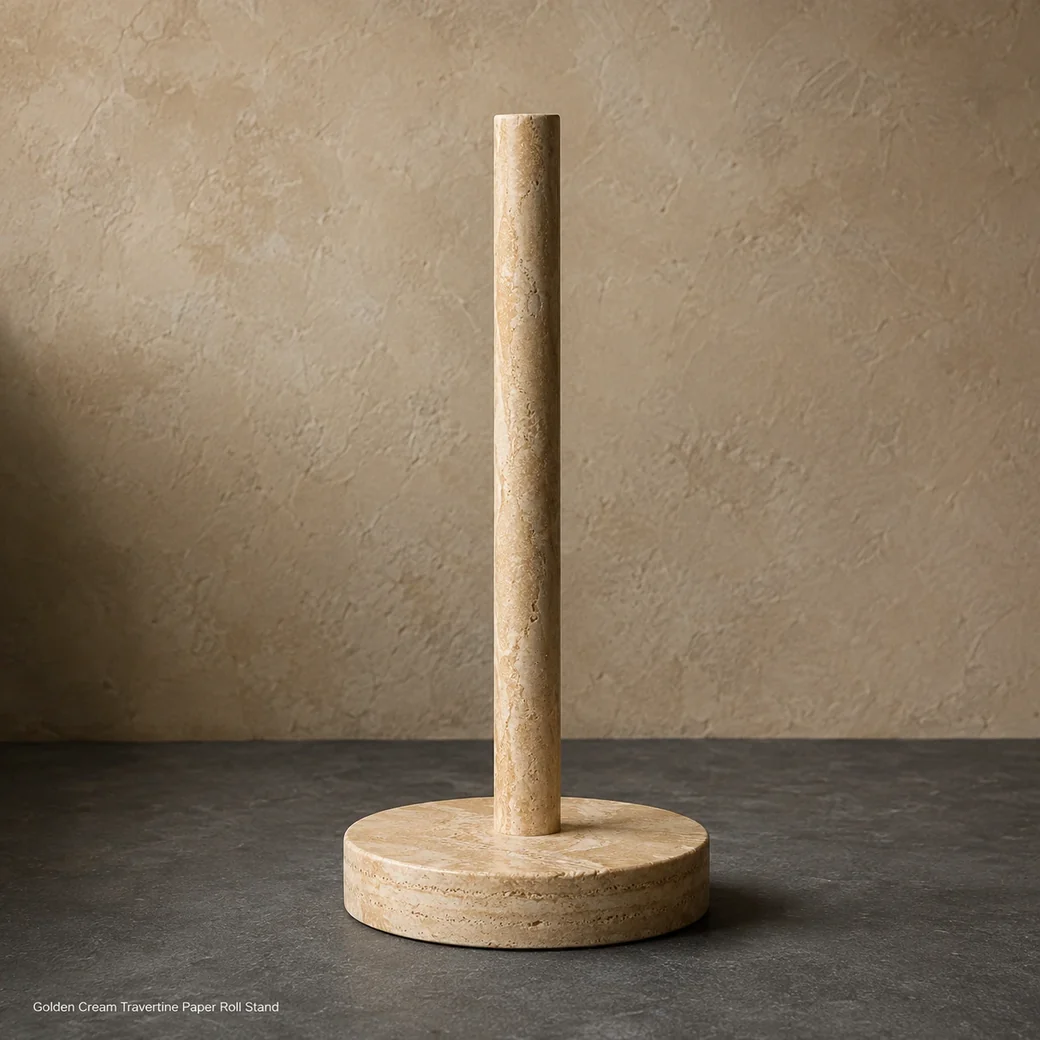 Golden cream travertine paper stand on charcoal floor, low side view highlighting circular base and natural banding.