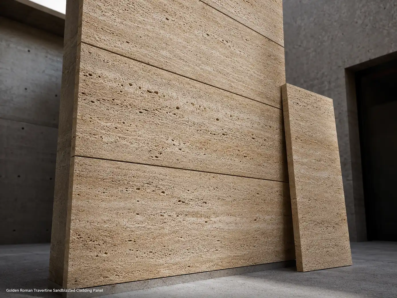 Golden Roman travertine cladding viewed upward in a courtyard, emphasizing sandblasted pores and vertical panel layout.