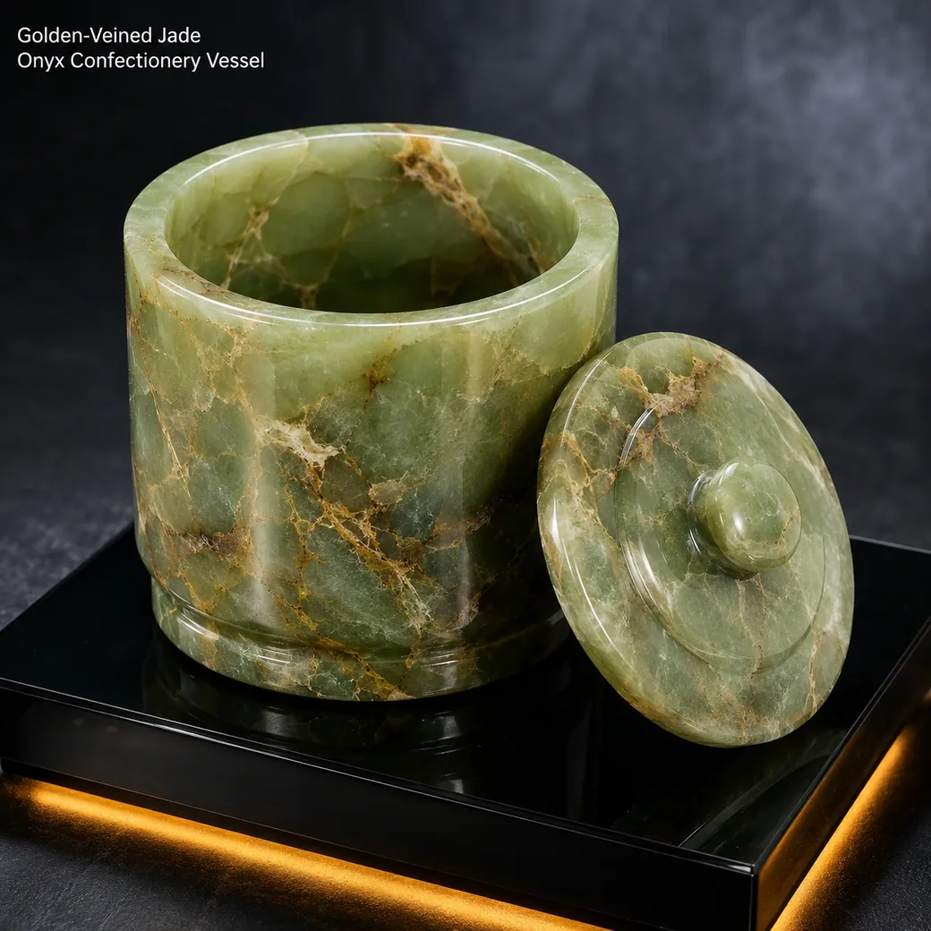 Jade green onyx candy jar on black glass, high front view with lid beside vessel and polished inner rim exposed.