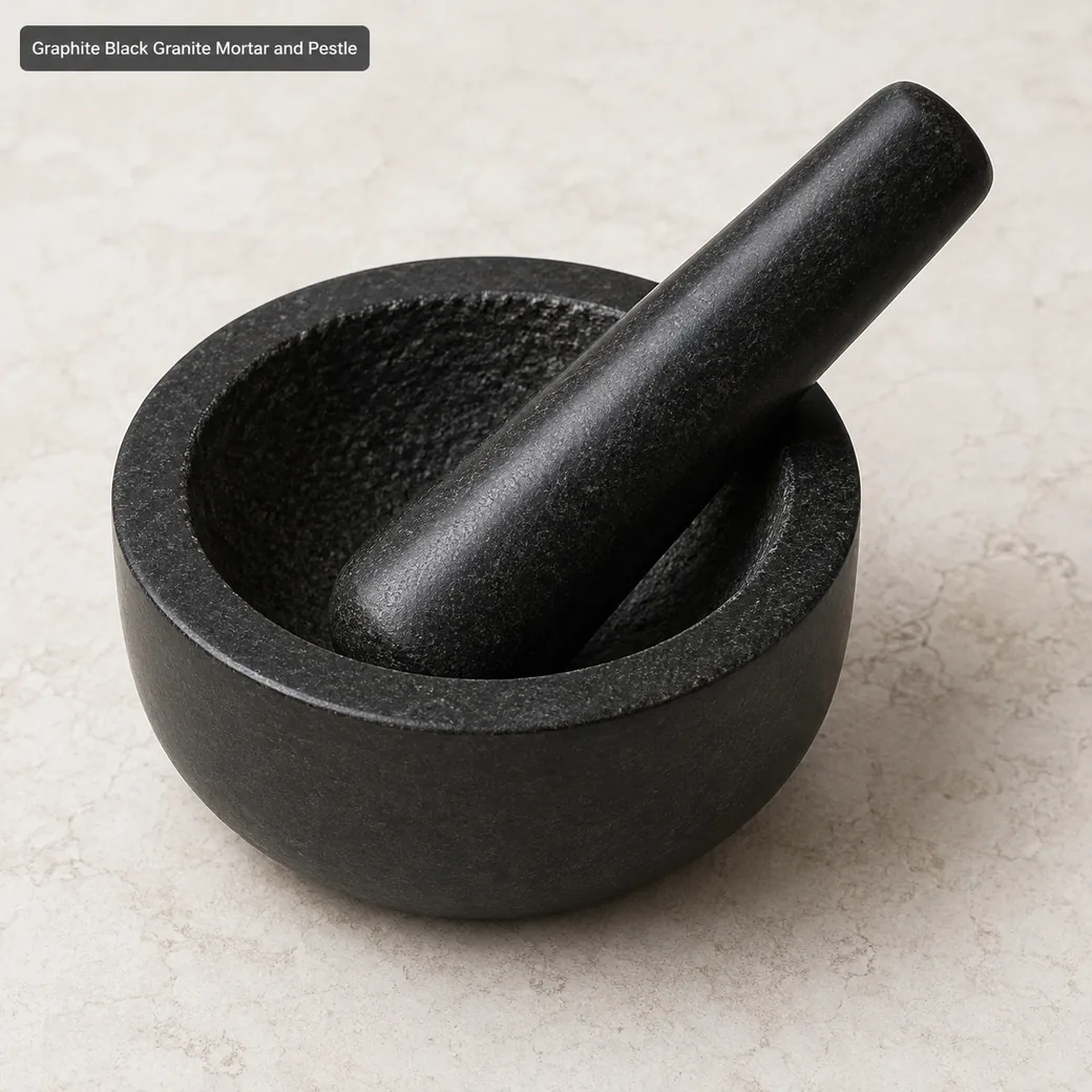 Graphite black granite mortar and pestle with honed exterior