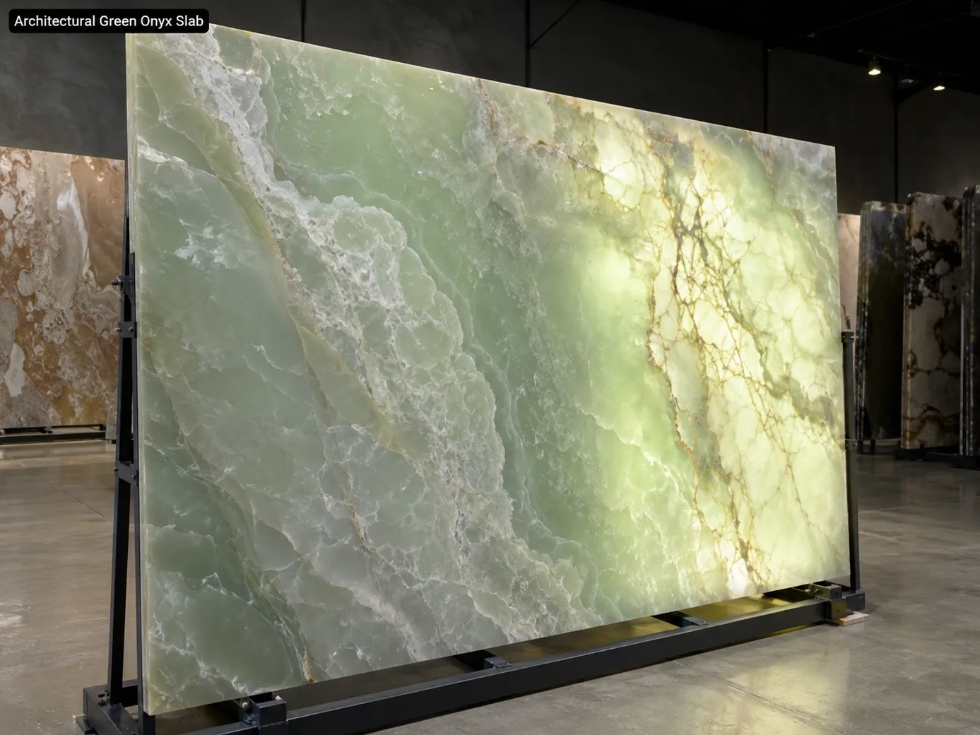 Polished green onyx slab on an A-frame with mint tones, milky bands and partial backlighting