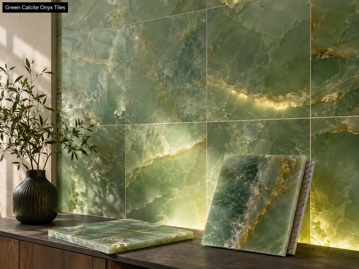 Honed green calcite onyx tiles with emerald and honey veining shown as a natural architectural surface