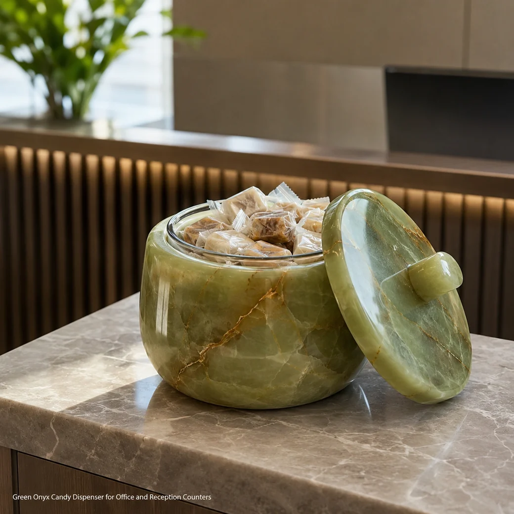 Polished Green Onyx candy dispenser with removable food-safe bowl, lid and wrapped sweets at reception.