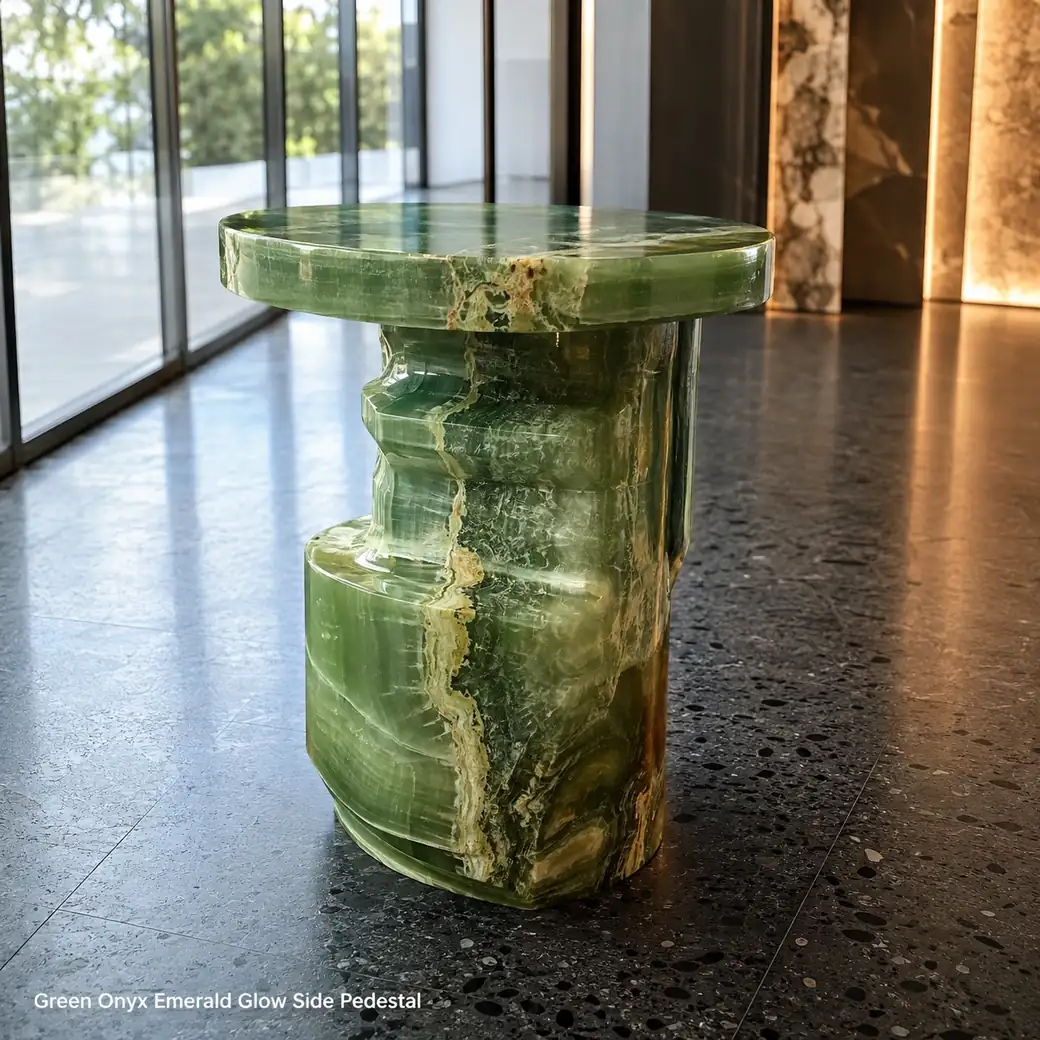 Low rear-view jewel green onyx side table with polished mineral ribbons and subtle edge translucency