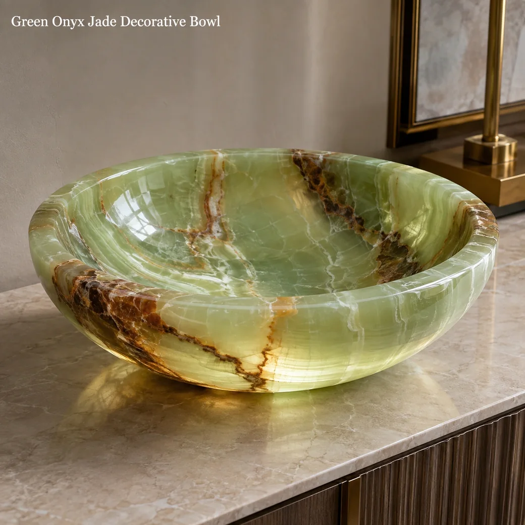 Green Onyx decorative bowl in jade green with rust-brown veining and a luminous polished surface.