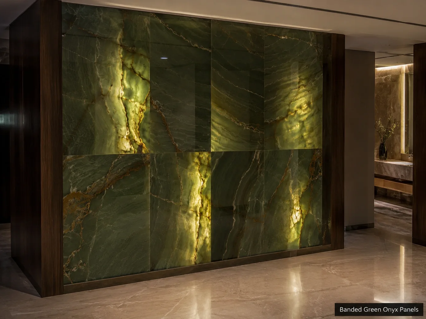 Backlit green onyx wall panels with deep jade tones, rust-gold veining and luminous mineral bands