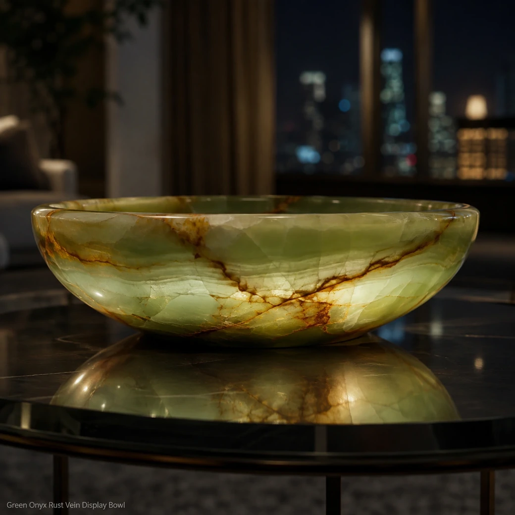 Low-angle Green Onyx bowl on smoked glass with backlit translucent jade, rust and brown mineral bands.