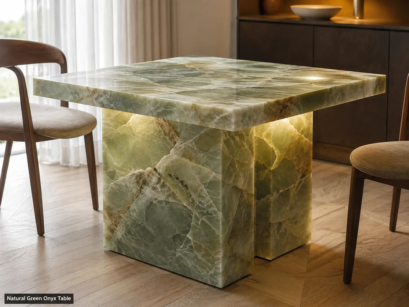 Honed green onyx table with cream clouding, natural translucency and a properly supported stone top