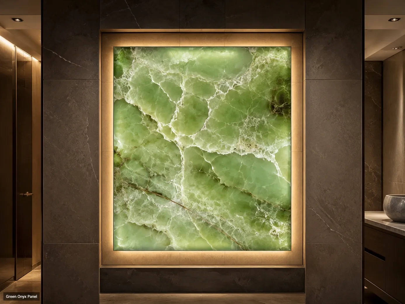 Backlit green onyx panel with jade tones, white calcite bands and naturally varied translucent illumination