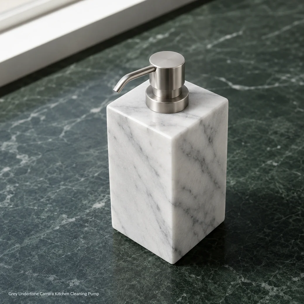 Carrara dishwashing pump on dark green stone, high front view showing grey veins, pump top and square footprint.