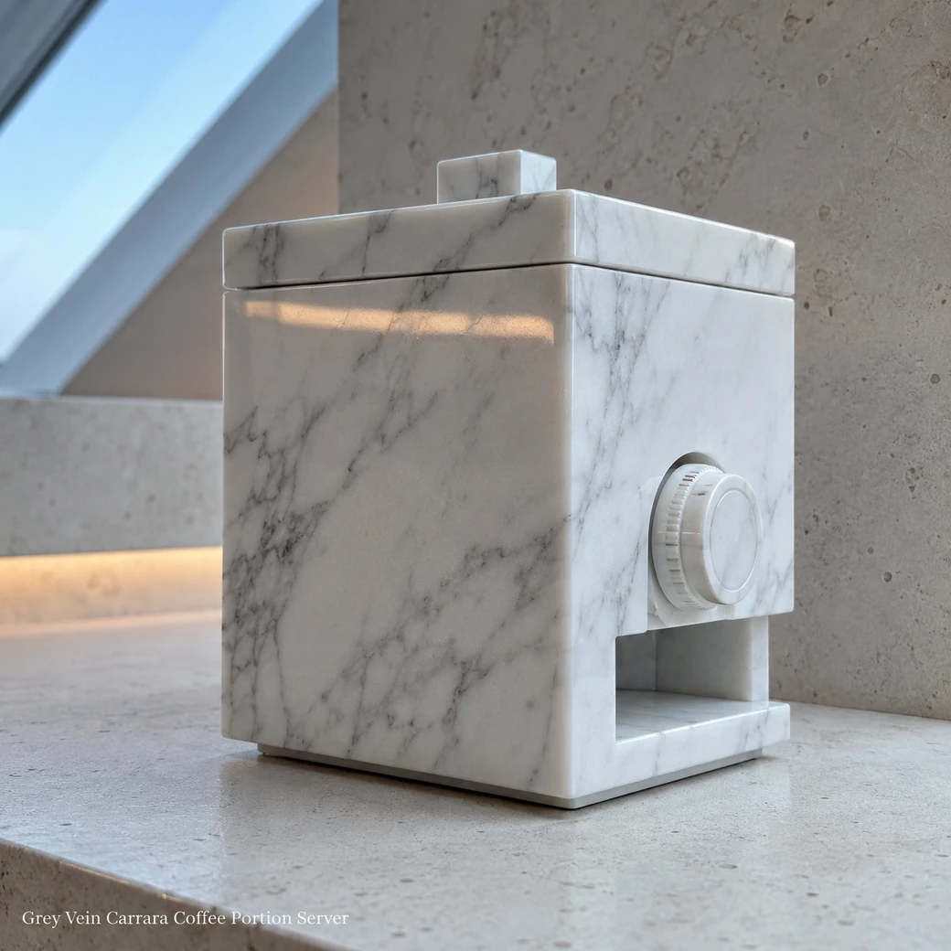 Mirror Carrara coffee server on pale limestone bar, low rear view showing polished sides, lid and rotary control.