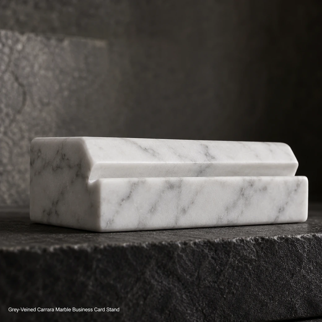 Grey-veined Carrara business card stand on charcoal shelf, macro side profile showing angled slot and honed grain.