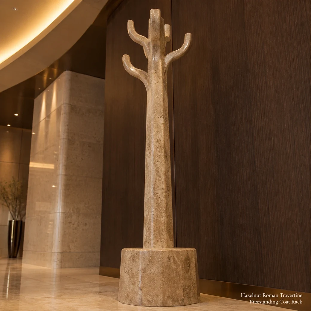 Hazelnut Roman travertine coat rack in a hotel lobby, low rear view emphasizing tall column and empty hooks
