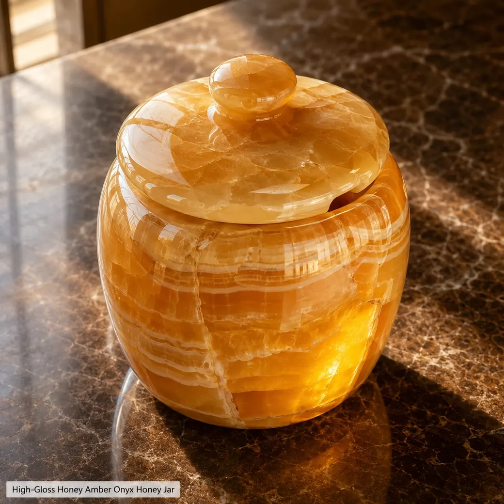 Amber honey onyx jar on a dark breakfast table, sunlit from the side with translucent cream bands glowing
