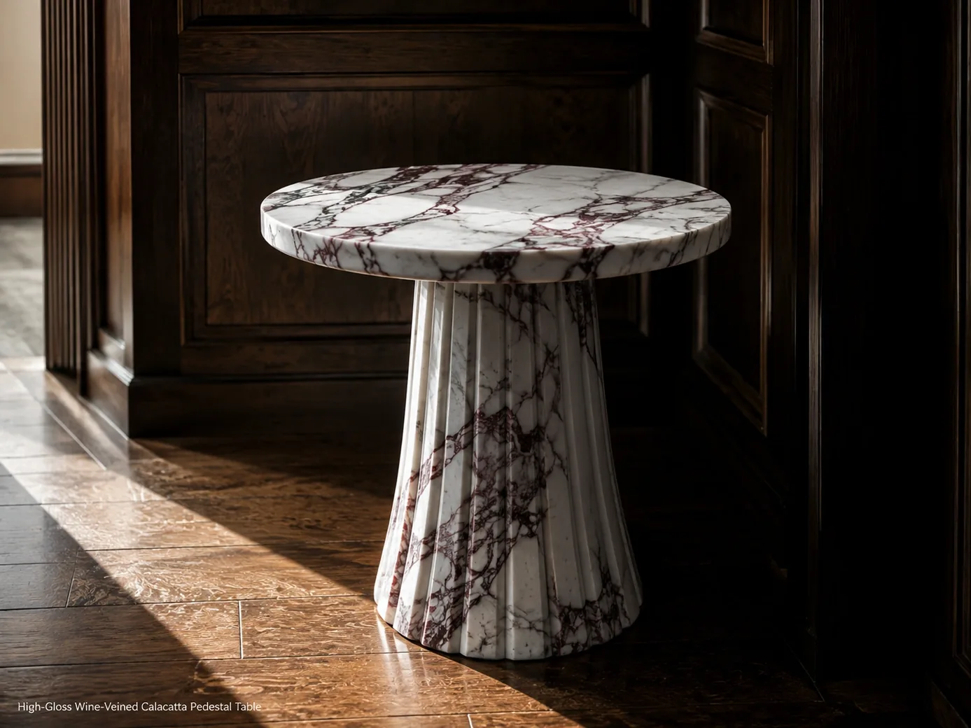 High-gloss wine-veined Calacatta pedestal table viewed from the rear in a dark oak entry niche