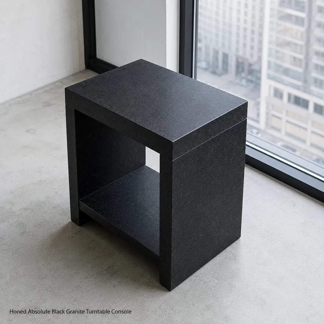 Honed Absolute Black turntable console by a loft window, high rear view showing empty shelf and matte granite