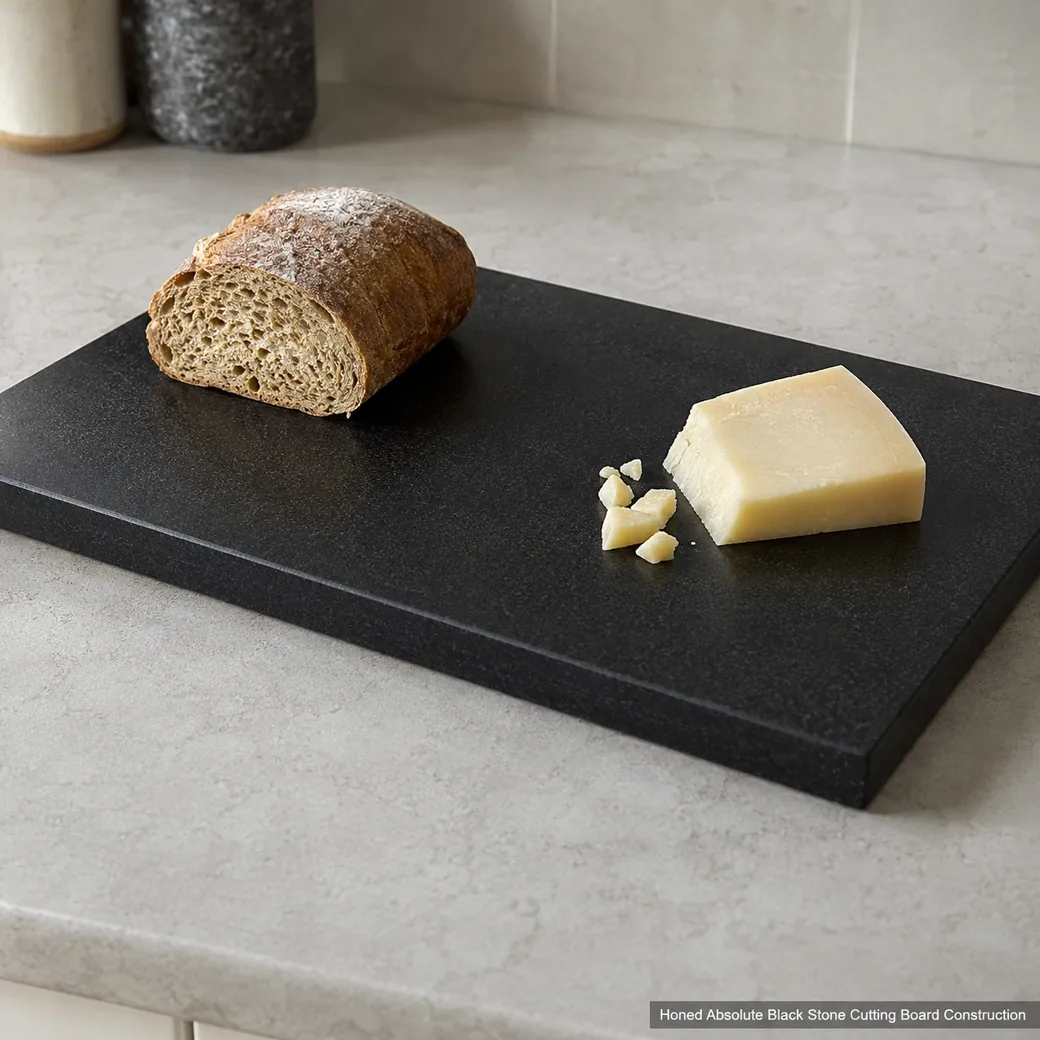 Fine-honed Absolute Black stone cutting board showing solid jet-black surface and clean edge construction