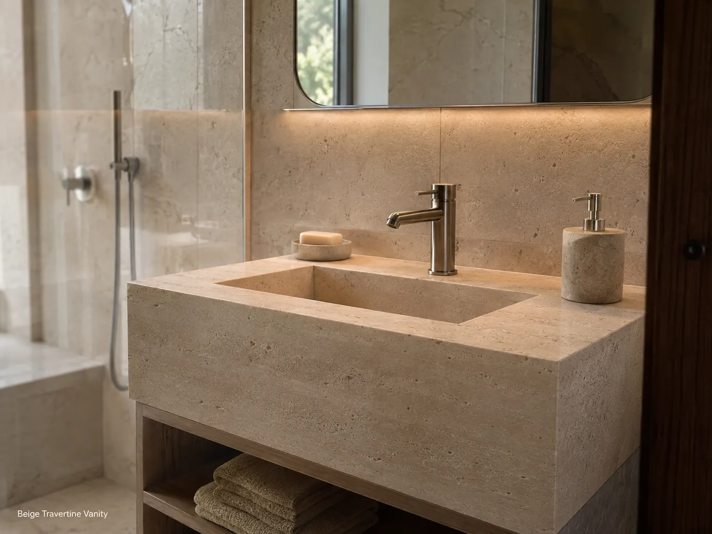 Honed beige travertine bathroom vanity with basin, warm pearl tone and natural stone texture