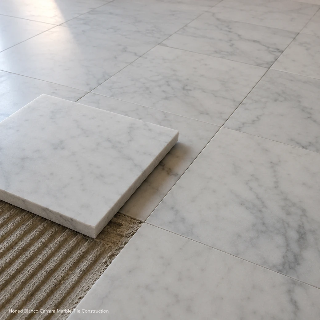 Honed Bianco Carrara marble tiles showing soft grey veining, 10 mm edges and precise floor installation