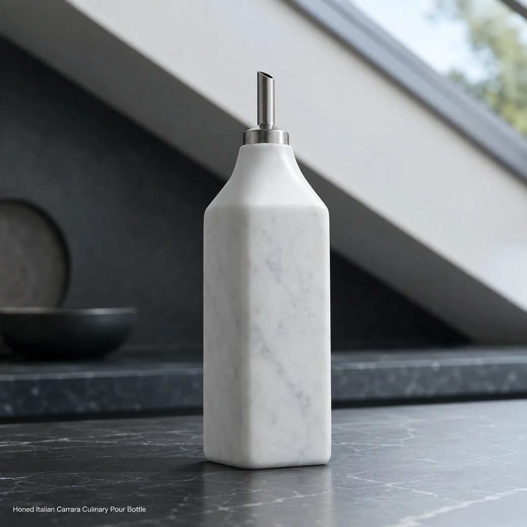 Matte Carrara oil pourer on dark soapstone, direct side view showing sloped shoulders and brushed steel spout.
