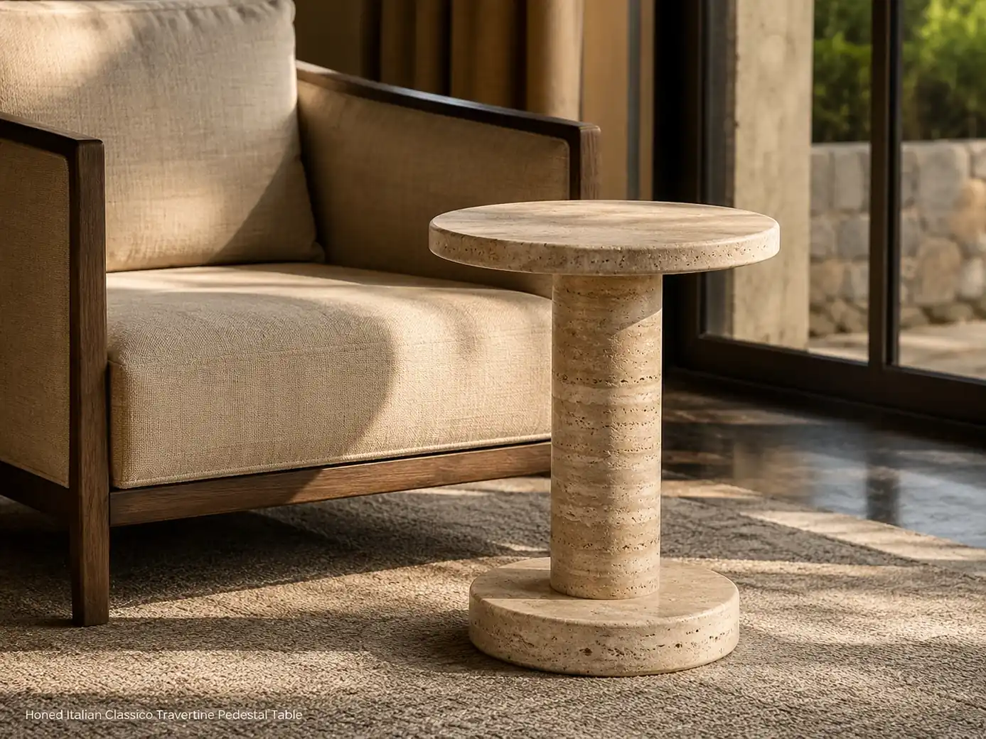 Italian Classico travertine pedestal drink table shown side-on beside a linen chair in a hotel lounge