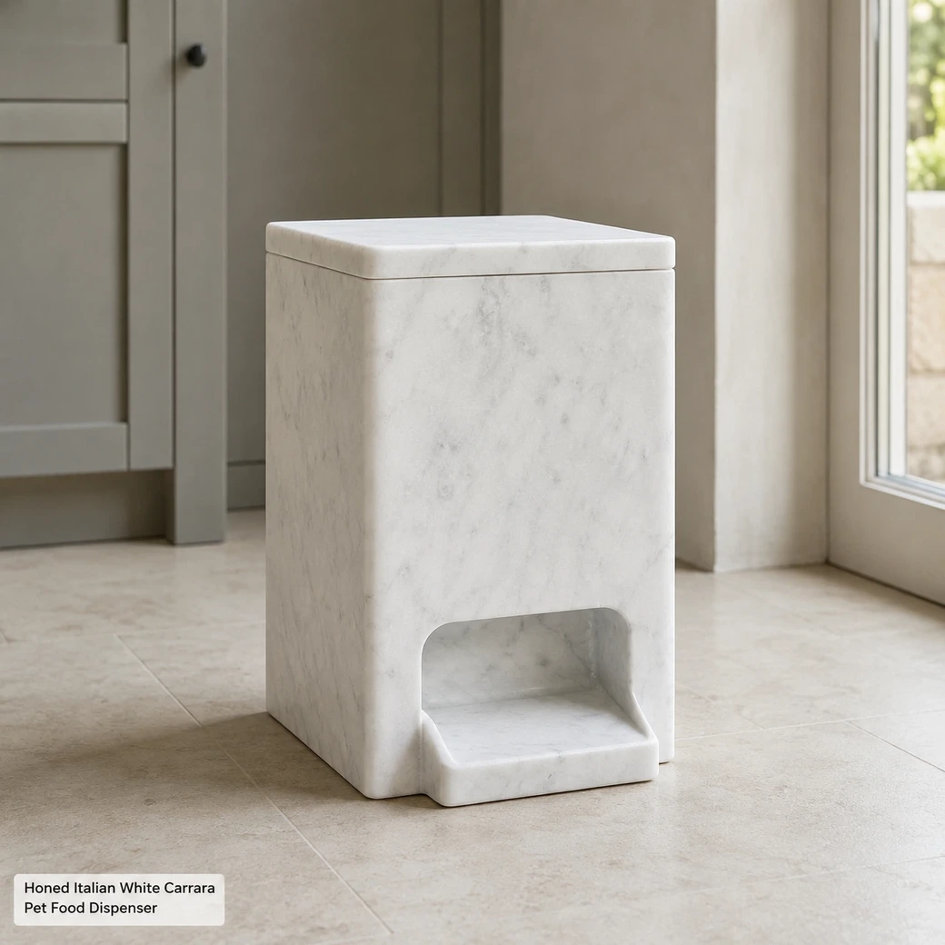 Italian white Carrara pet food dispenser on limestone flooring, low-angle view of the lid and lower opening