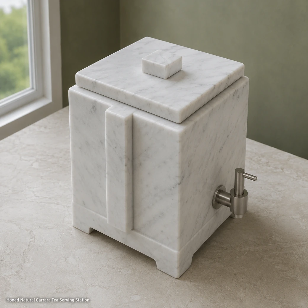 Natural white Carrara tea dispenser on pale stone, high rear view showing fitted lid, square body and metal tap.