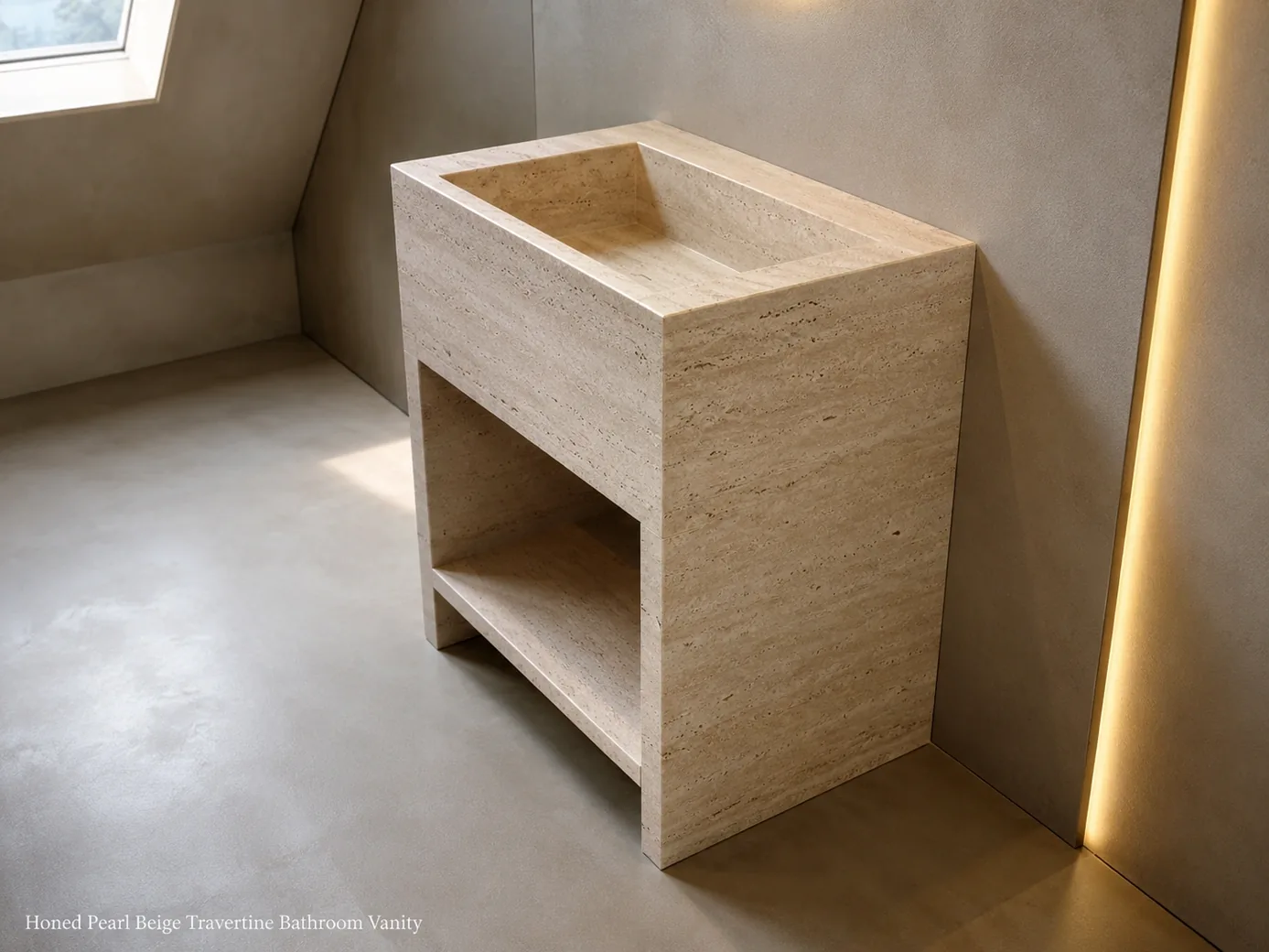 Pearl-beige travertine vanity viewed from the rear side in a microcement bathroom with skylight