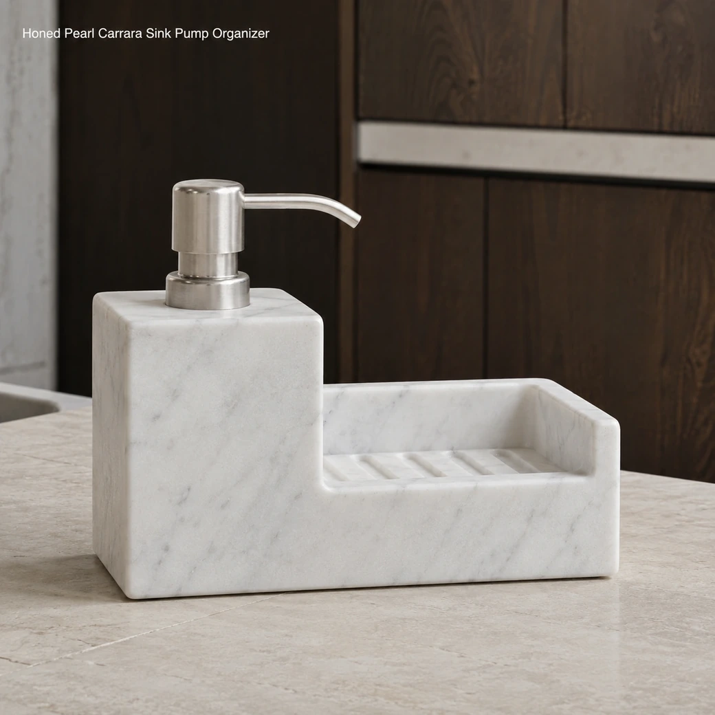 Pearl Carrara soap and sponge caddy on limestone, low side view showing pump profile, cavity depth and drainage area.