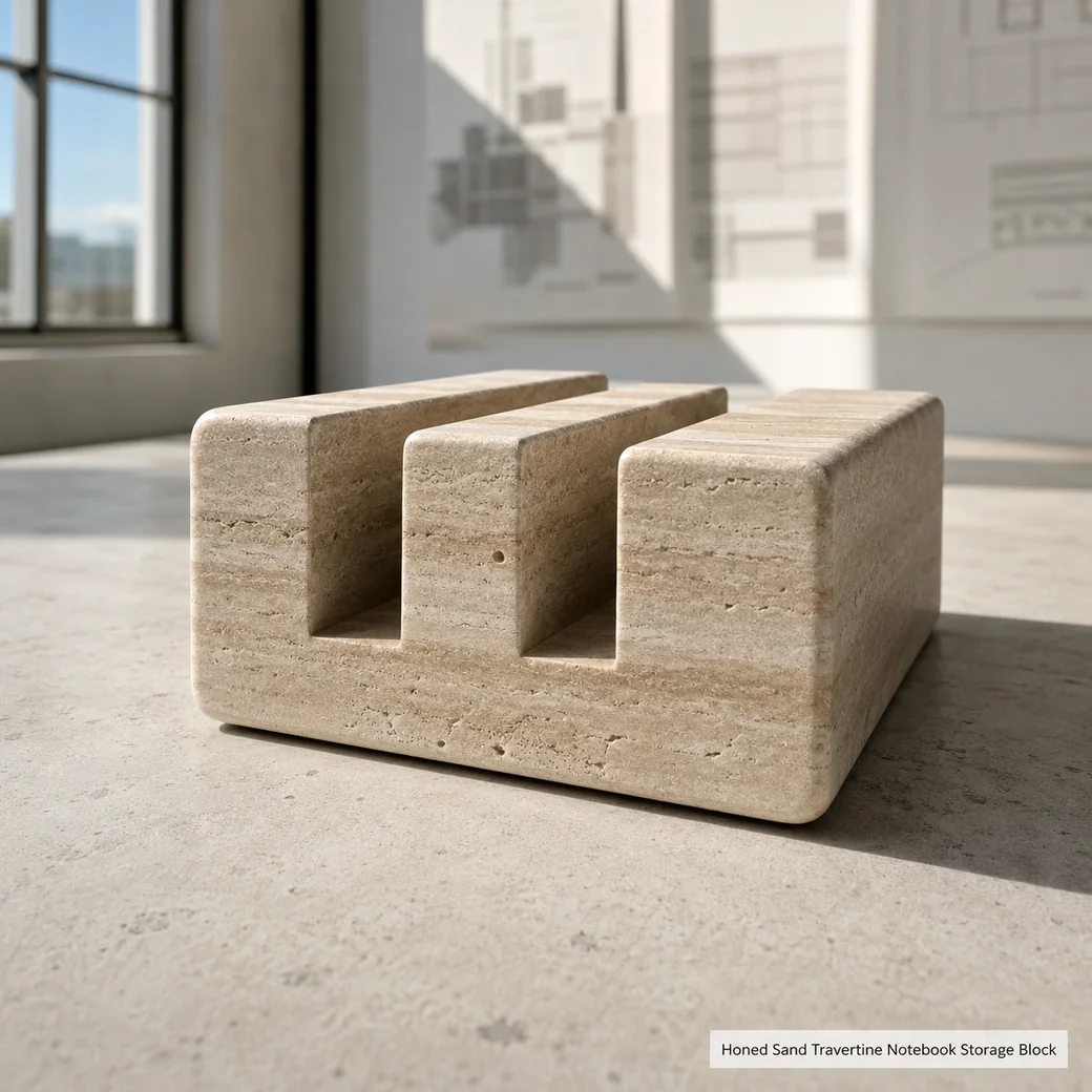 Sand beige travertine laptop dock on pale concrete, low front view showing twin slots and linear banding.