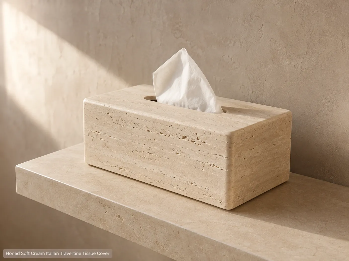 Soft cream travertine tissue cover shown low from the rear on a floating limestone powder-room shelf