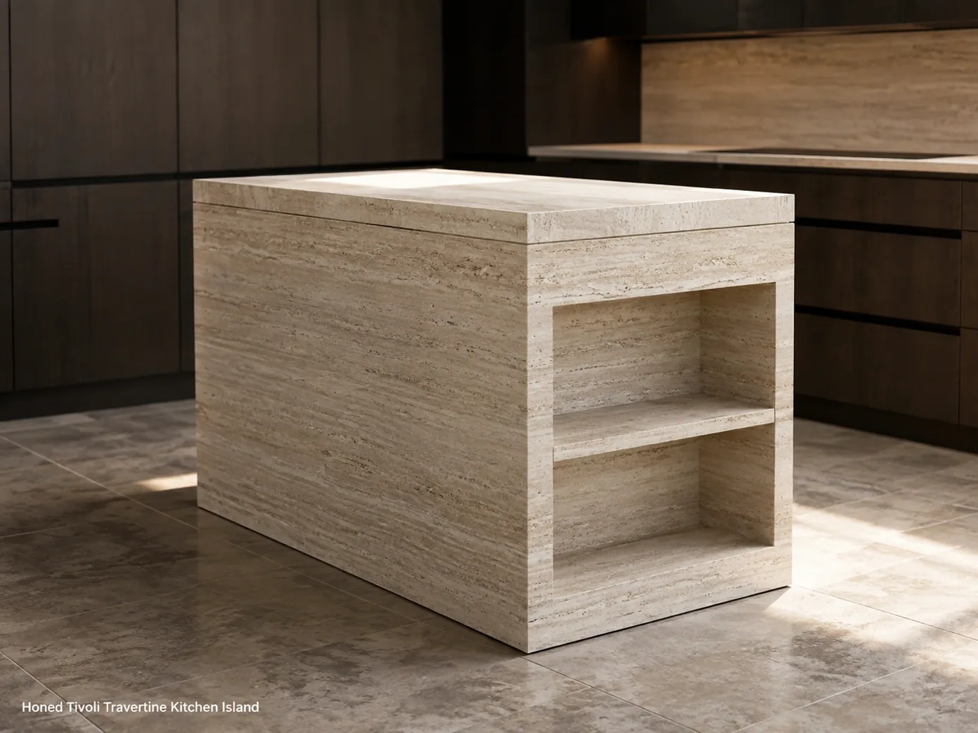 Tivoli travertine kitchen island seen from the rear in a dark-oak kitchen under soft skylight