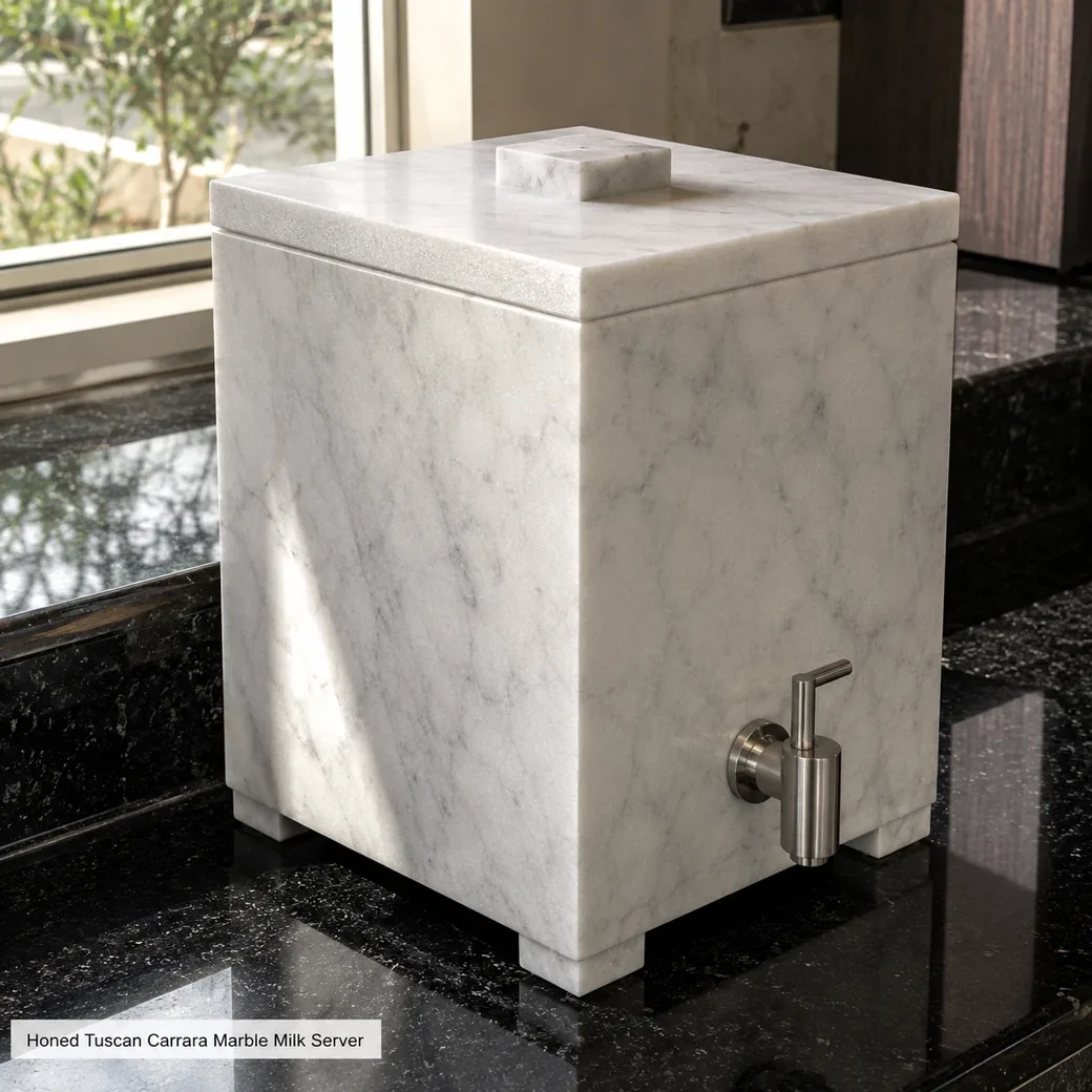 Tuscan Carrara milk server on a black granite buffet, rear-side view with lid and stainless tap visible