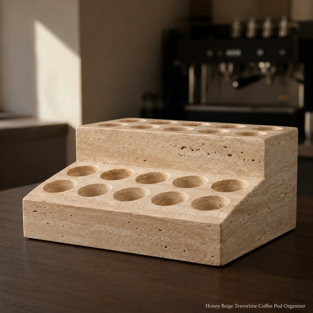 Honey beige travertine coffee pod organizer on espresso counter, low side view showing empty machined capsule wells.