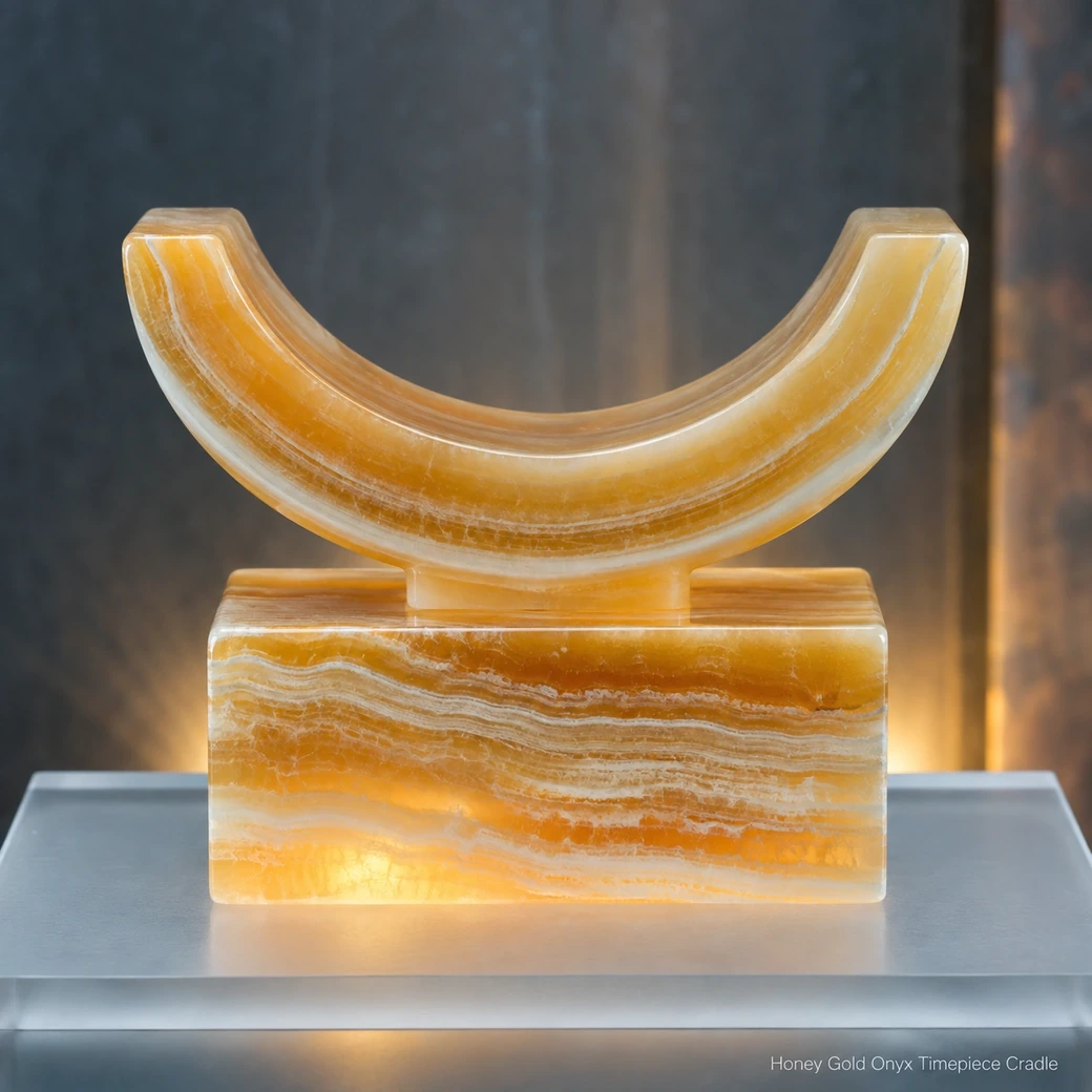Honey onyx watch cradle on frosted glass, front macro view glowing through amber and cream mineral layers.