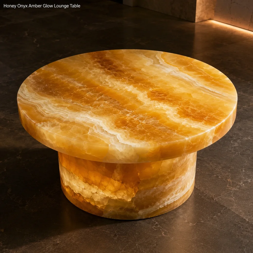 High-angle round Honey Onyx coffee table showing golden amber top, cream bands and polished pedestal