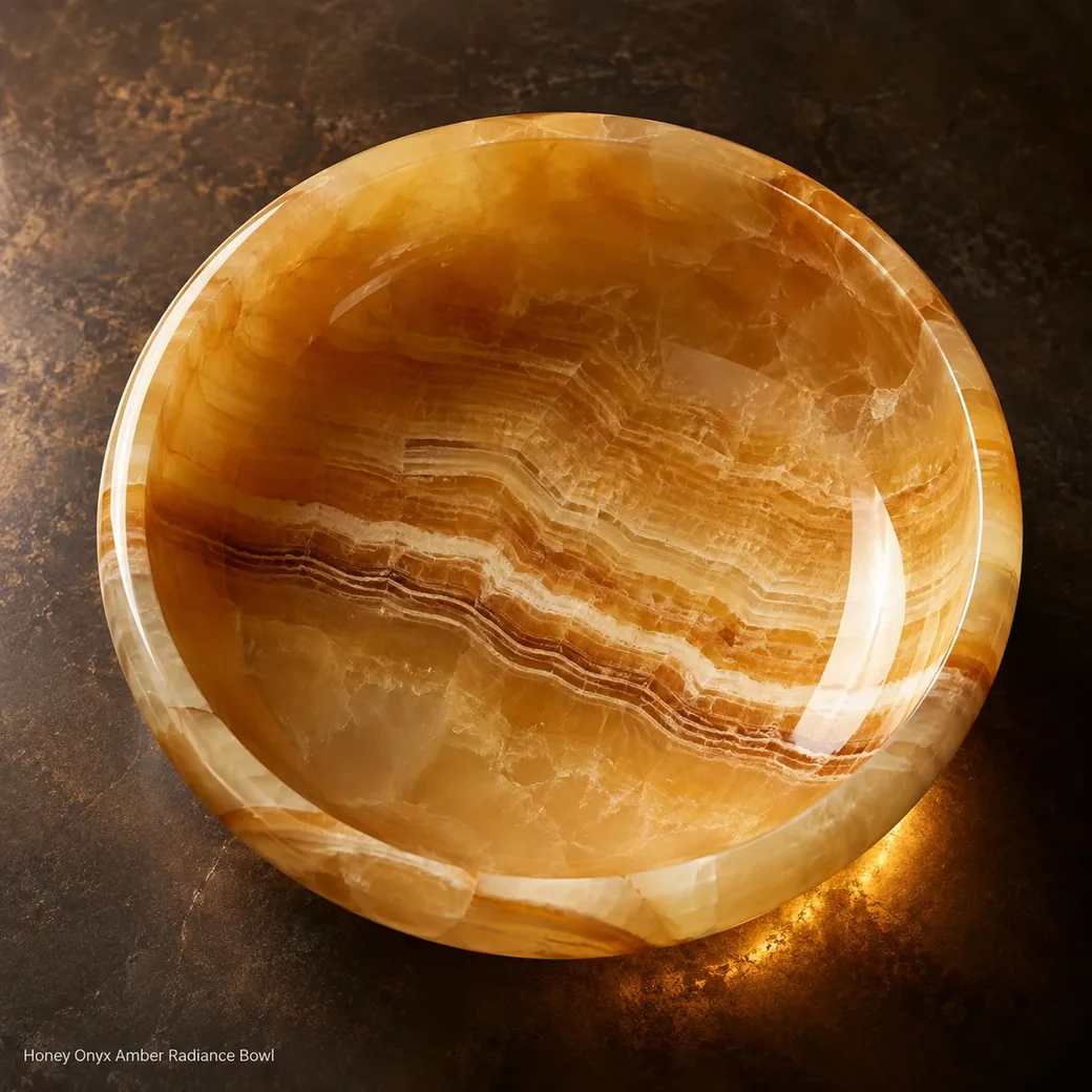 Top-biased Honey Onyx bowl on dark bronze, showcasing golden amber mineral layers and a softly illuminated polished interior.