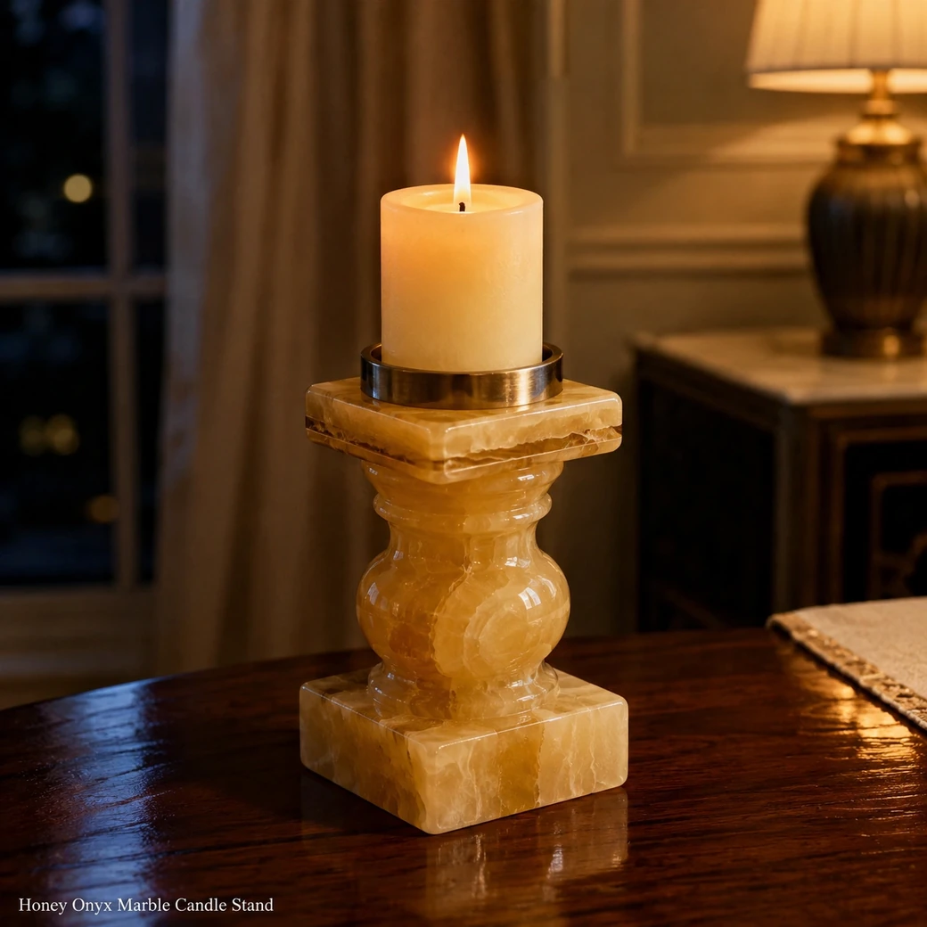 High-gloss Honey Onyx candle stand holding a candle in a heat-safe insert with warm amber translucency.