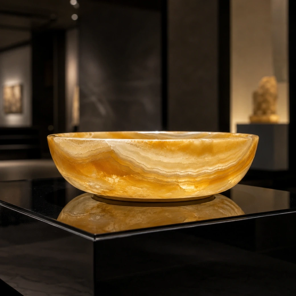 Low-profile Honey Onyx bowl on black glass, glowing through amber bands while its polished outer curve stays defined.
