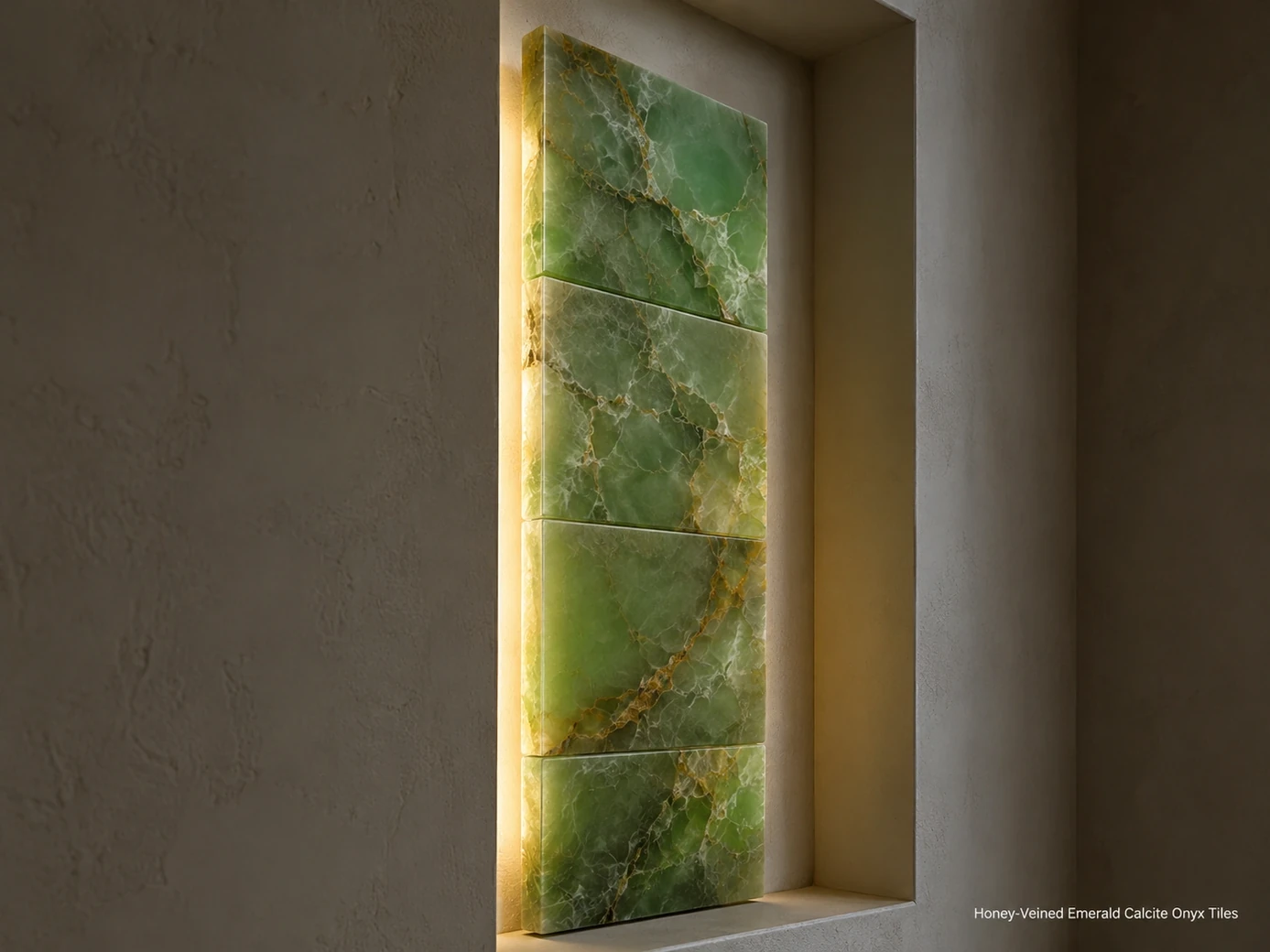 Emerald onyx tiles installed in a recessed wall niche with one exposed edge showing thickness