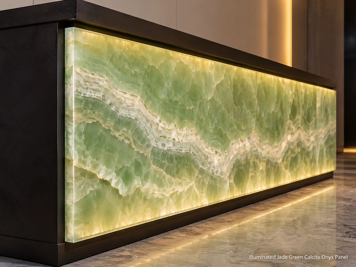 Jade green backlit onyx panel installed as a glowing reception counter face, viewed from the side