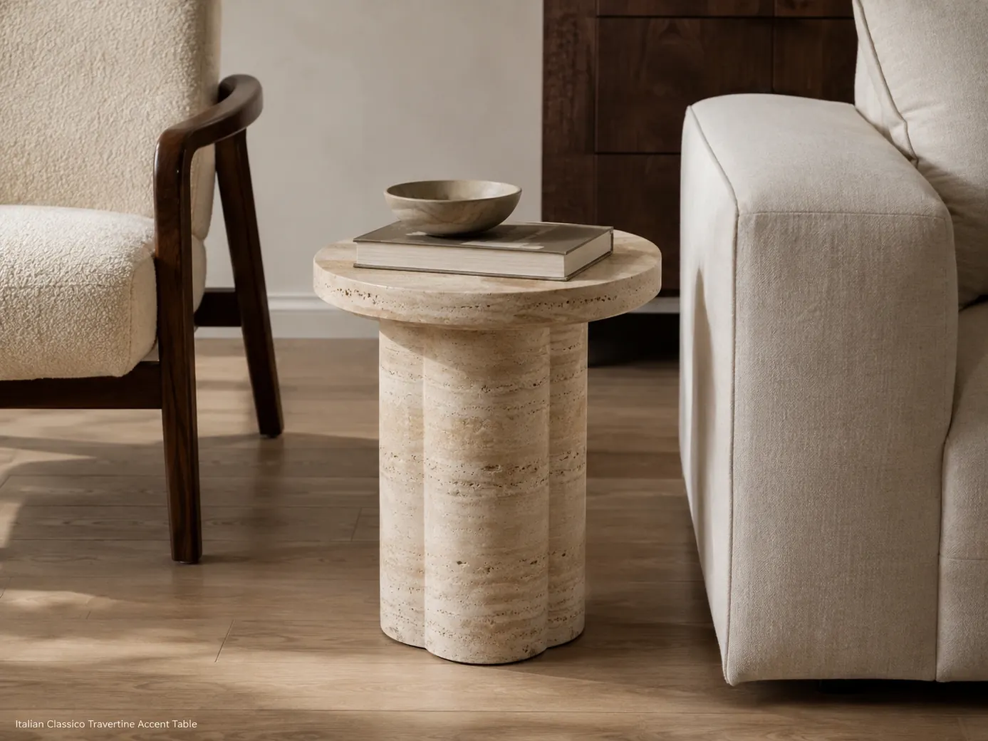 Polished Italian Classico travertine accent table with cream-beige stone and compact sculptural form