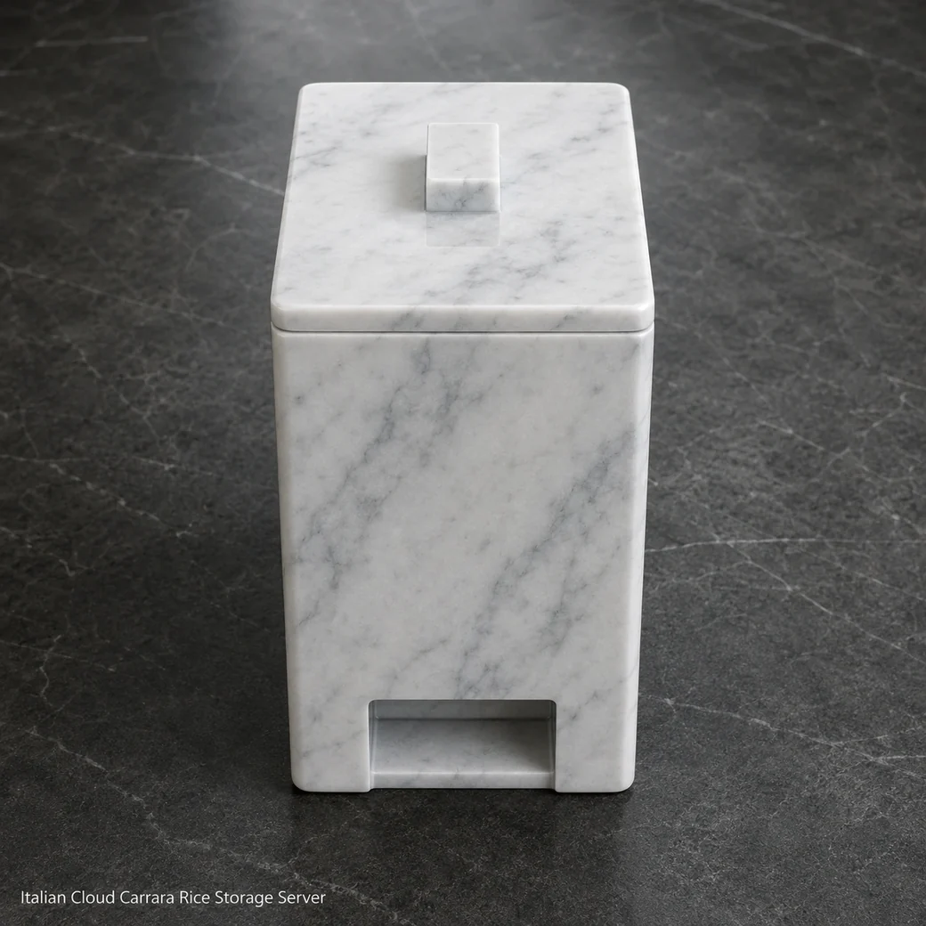 Cloud white Carrara rice server on charcoal island, high front view showing polished lid and lower portion outlet.